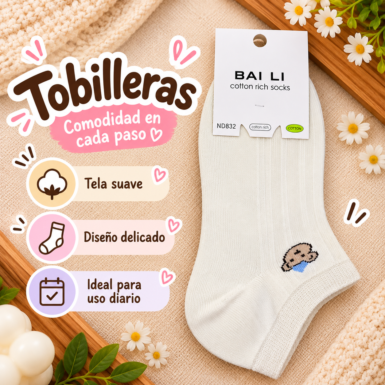 Tobilleras de algodón Bai Li color Verde Pastel
