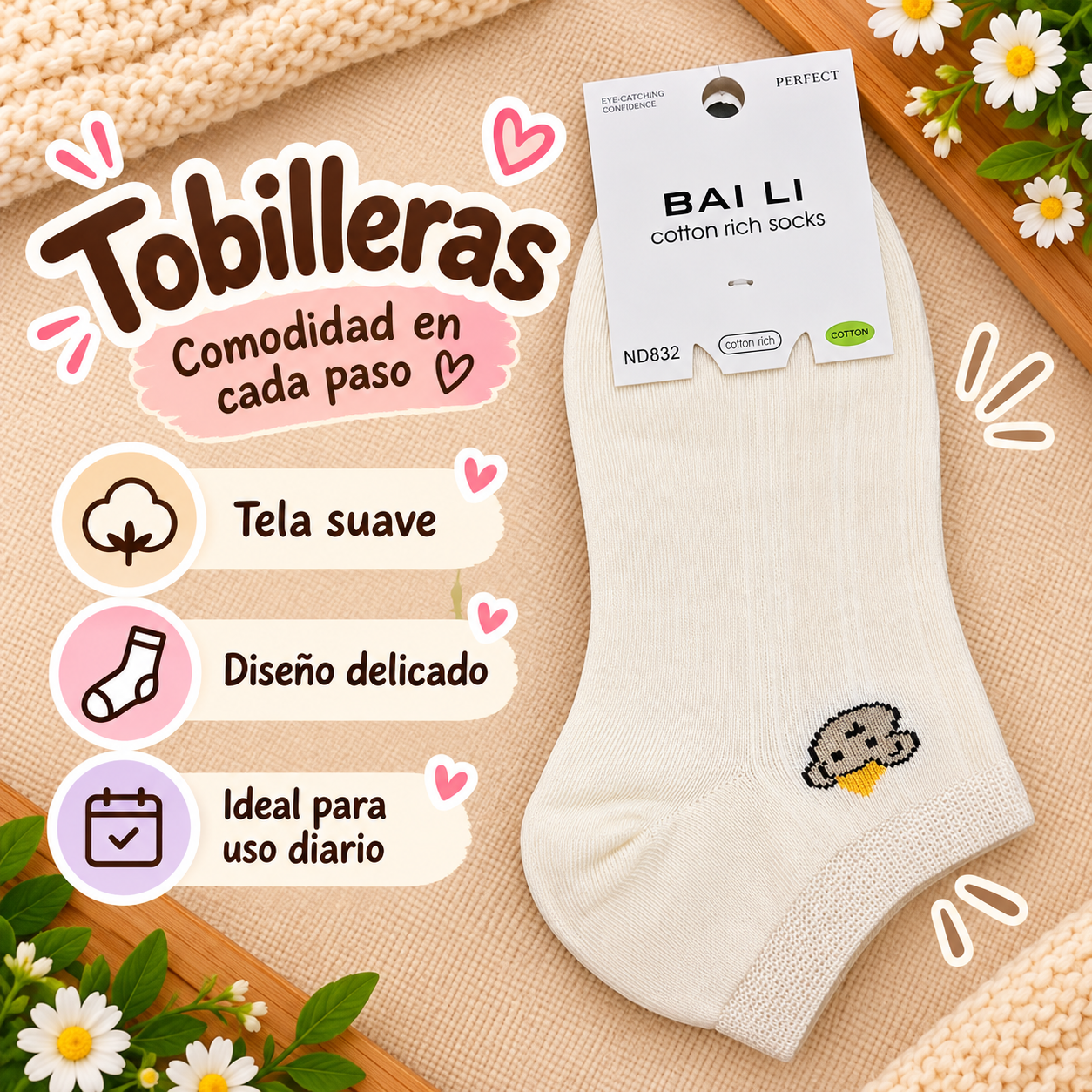 Tobilleras de algodón Bai Li color Rosa Pastel