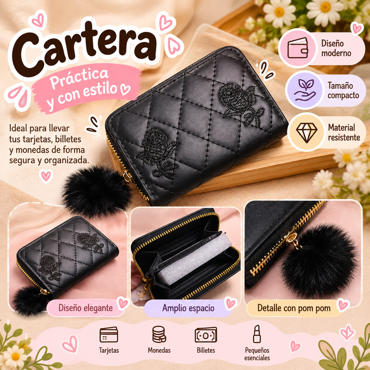 Cartera acolchada color Negro