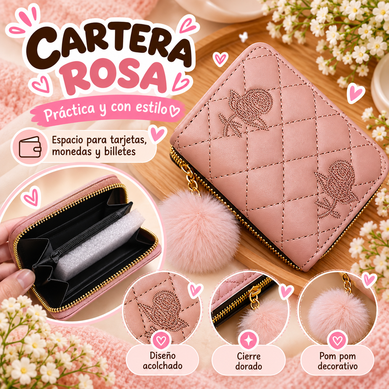 Cartera acolchada color Rosado
