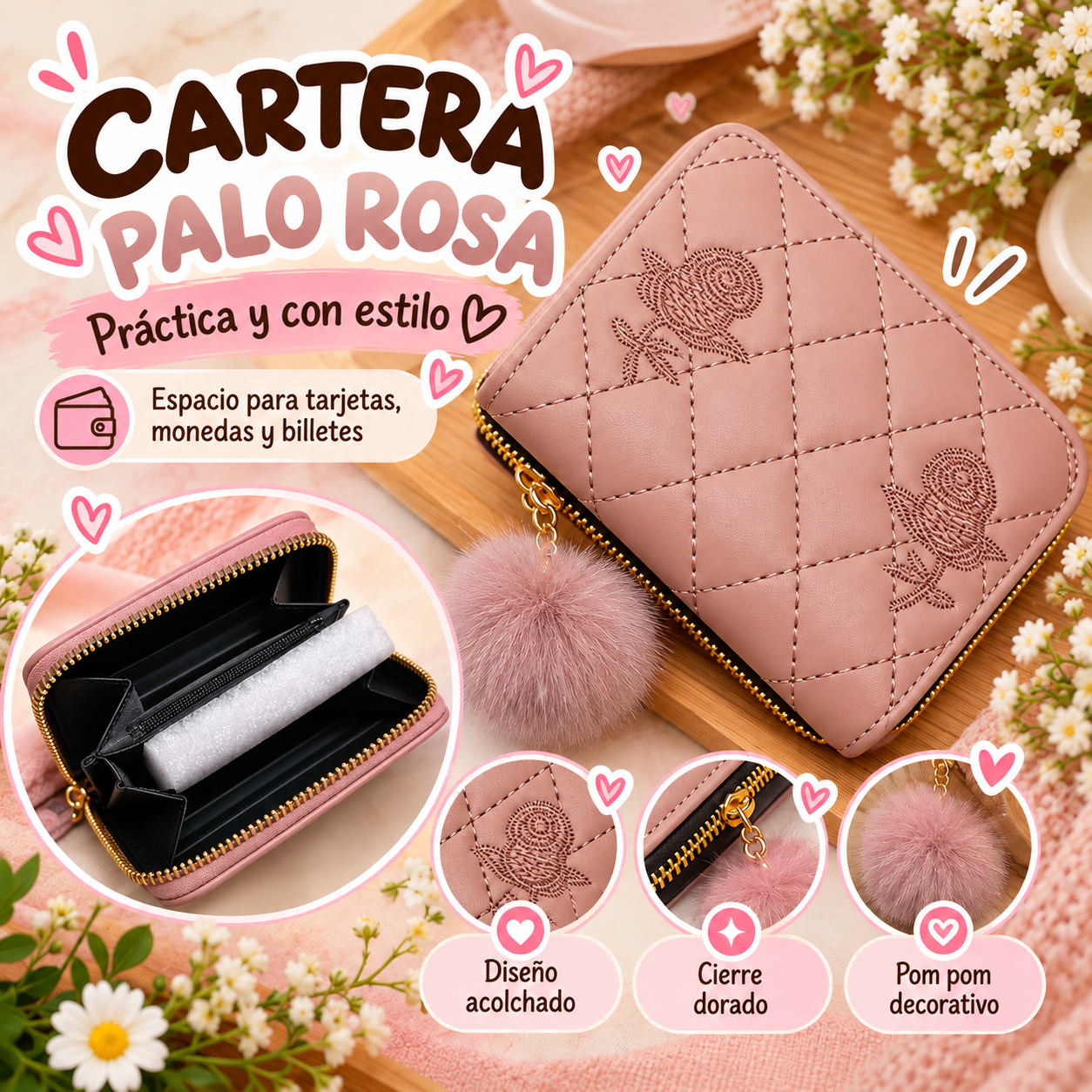 Cartera acolchada color Palo Rosa