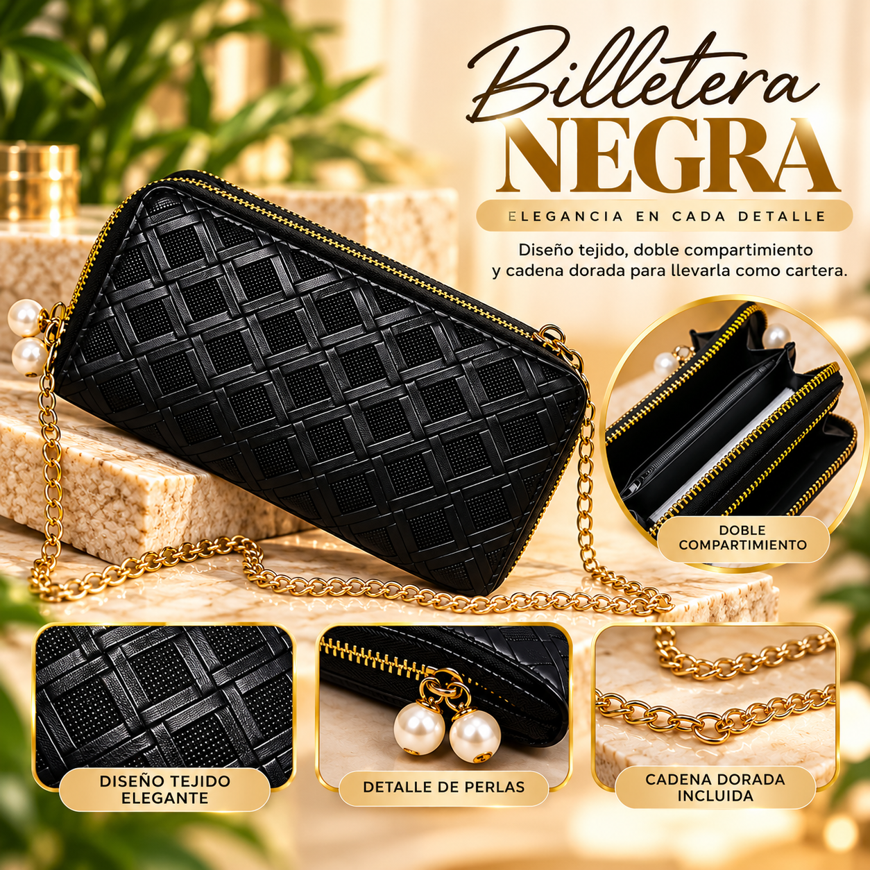 Billetera negra de lujo con textura tejida