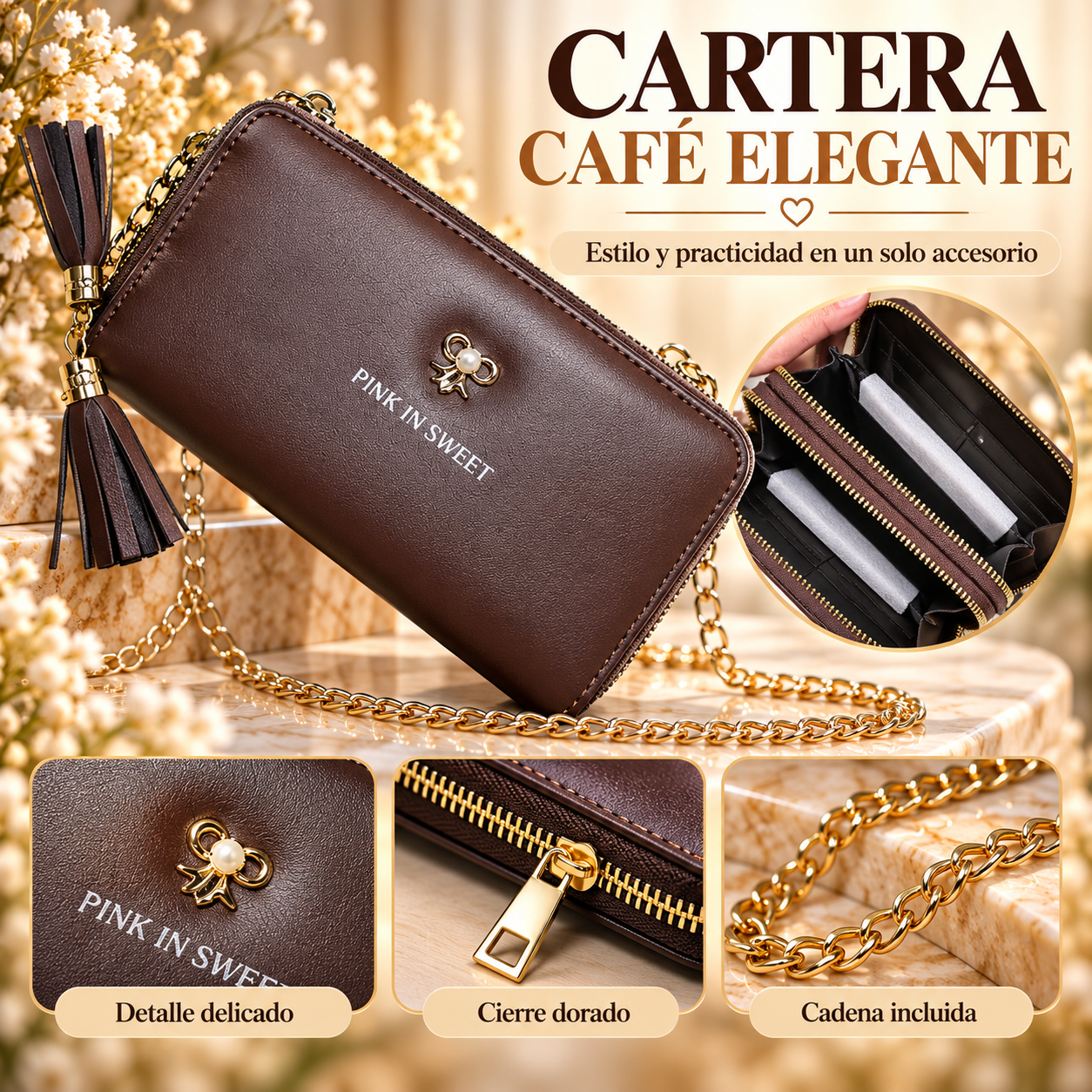 Billetera café de lujo con detalles dorados