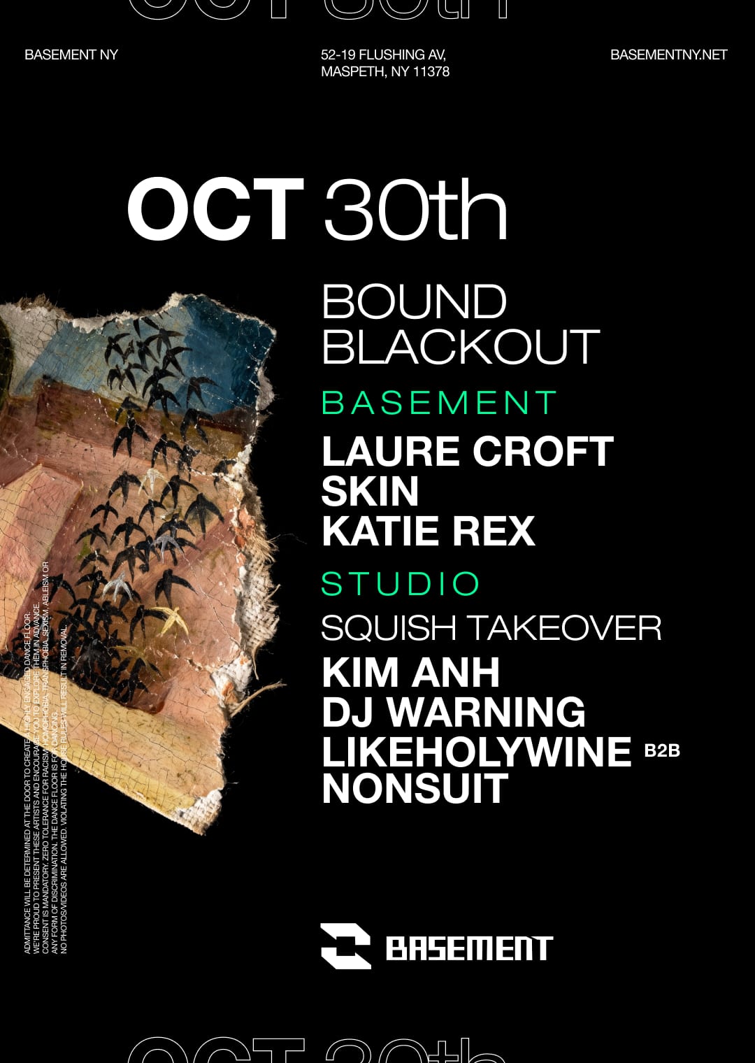 BOUND Blackout: Laure Croft / SKIN / Katie Rex / Kim Anh / Dj Warning / likeholywine / nonsuit flyer