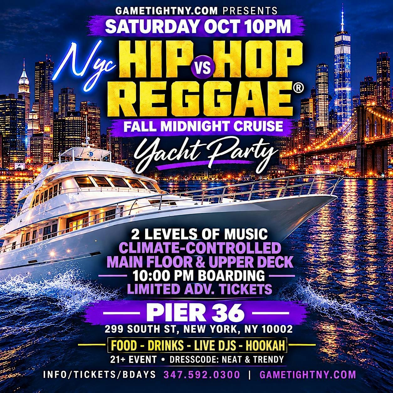 Hip Hop vs Reggae Saturday Midnight Yacht Party flyer