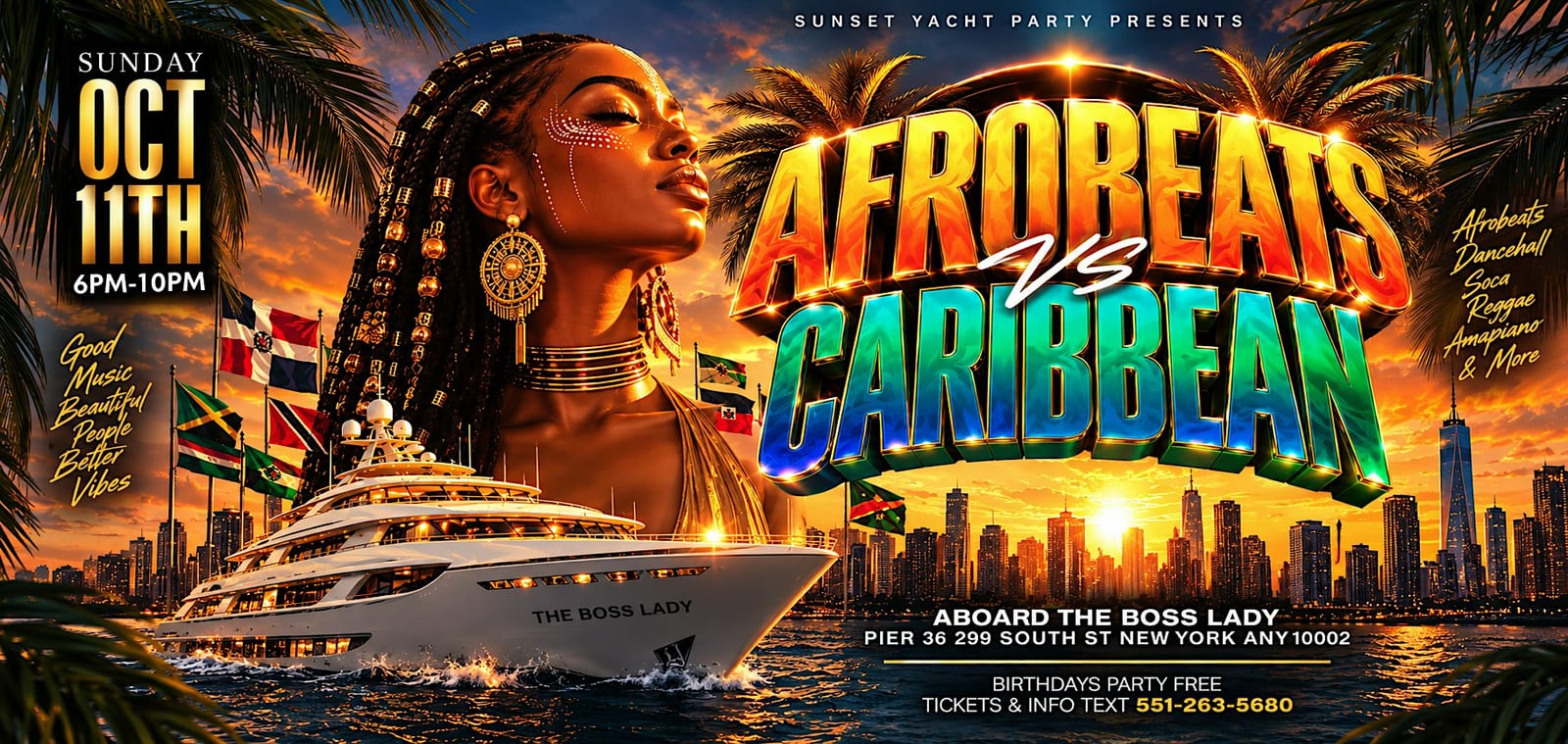 Afrobeats vs Caribbean Sunset Yacht Party flyer