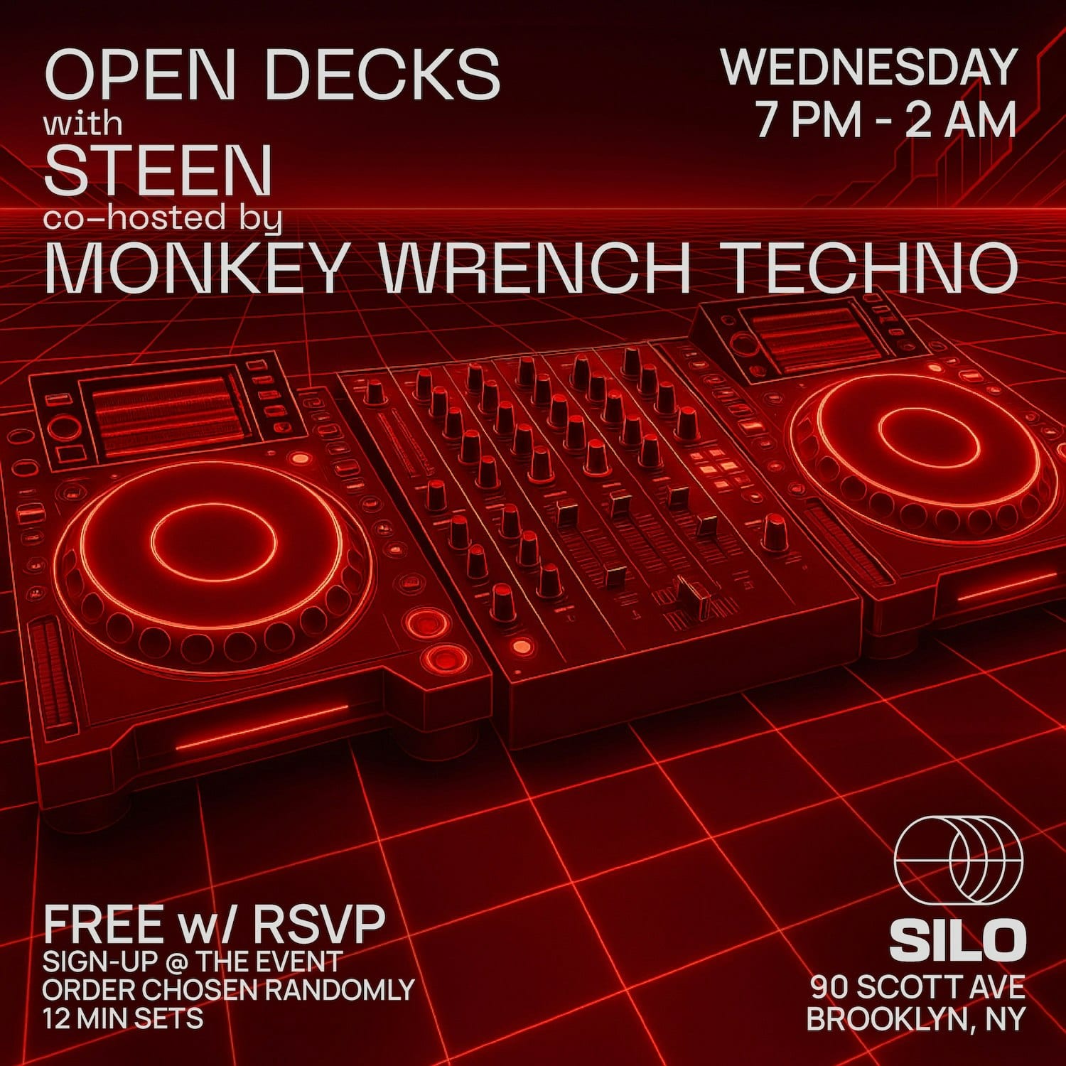 Open Decks with STEEN and Monkey Wrench Techno flyer