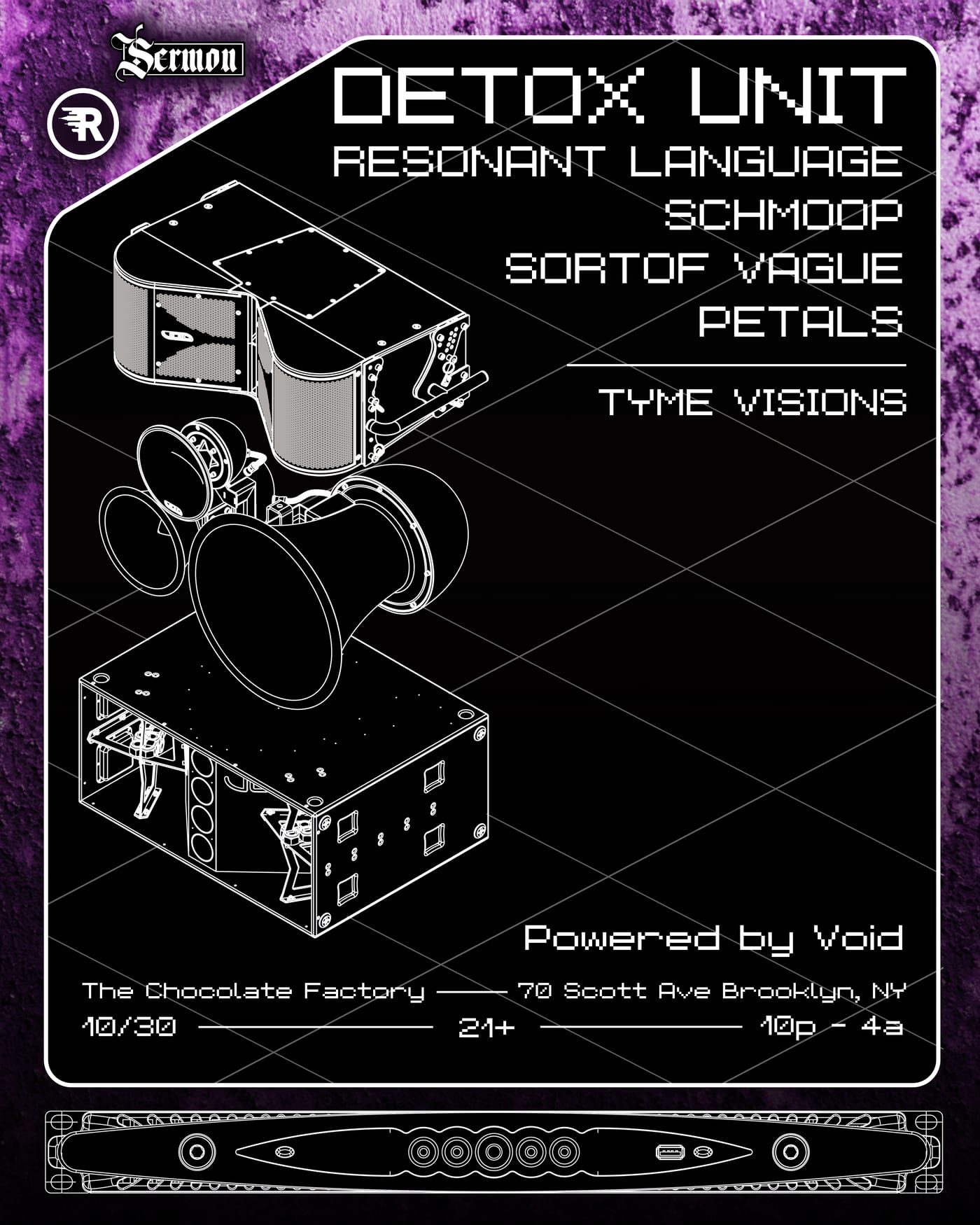 DETOX UNIT, RESONANT LANGUAGE, Schmoop, SORTOF VAGUE + PETALS flyer