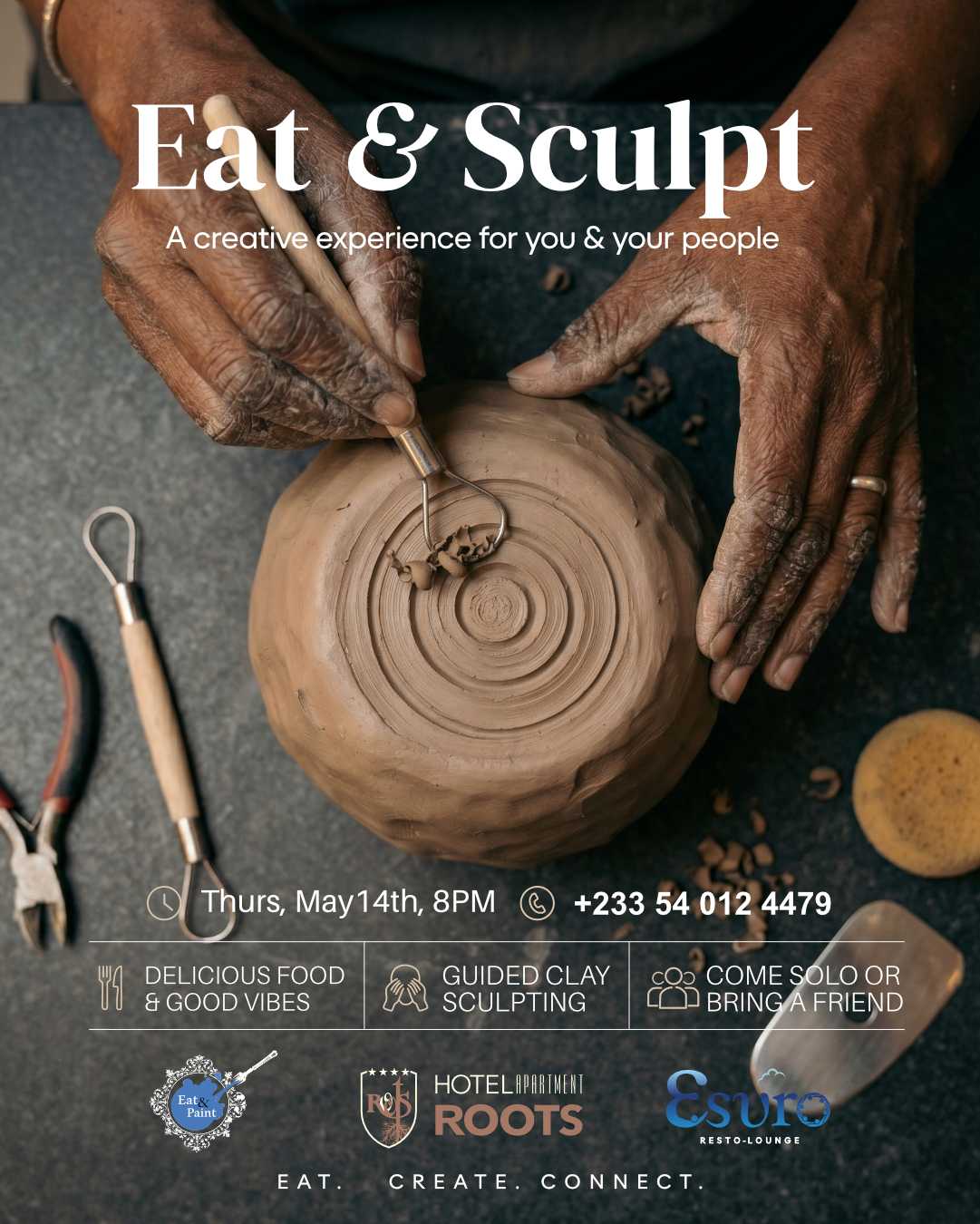 Eat. Create. Connect.

Not every night out has to be the same.

This Thursday, step into something different.
An experience where your hands create, your mind relaxes, and your table becomes more than just a place to eat.

Guided by Faith Pottery, you’ll shape clay into something personal while enjoying great food, good music, and even better company.

No experience needed. Just come as you are.

📅 Thurs, May 14th
🕗 8PM
📍 Esuro Restaurant, Roots Hotel Apartment
📞 +233 54 012 4479

Limited spots available, book yours now!