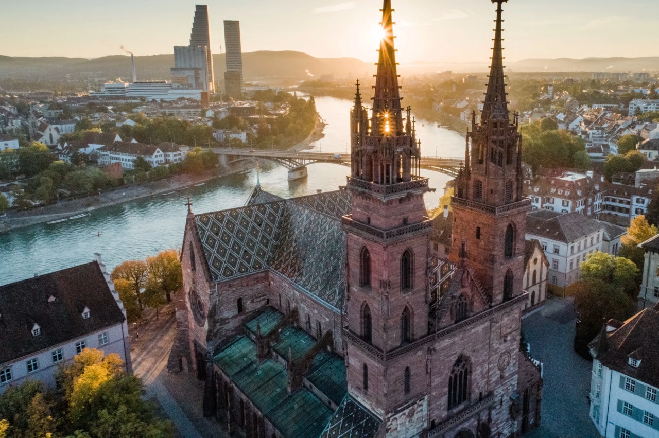 The Rhine River seen weaving through Basel, Switzerland.