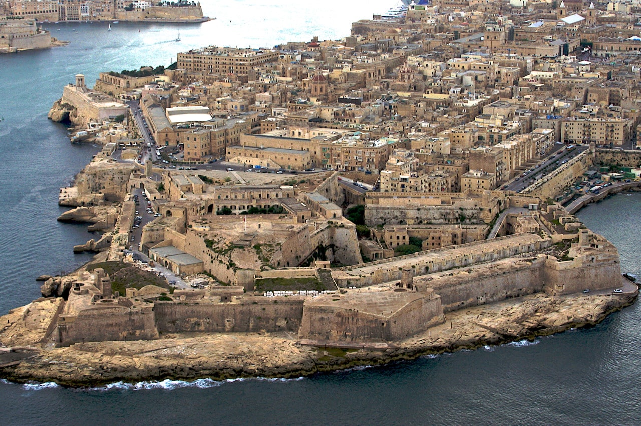 Historic fortifications on island of Malta surrounded by the Mediterranean Sea.