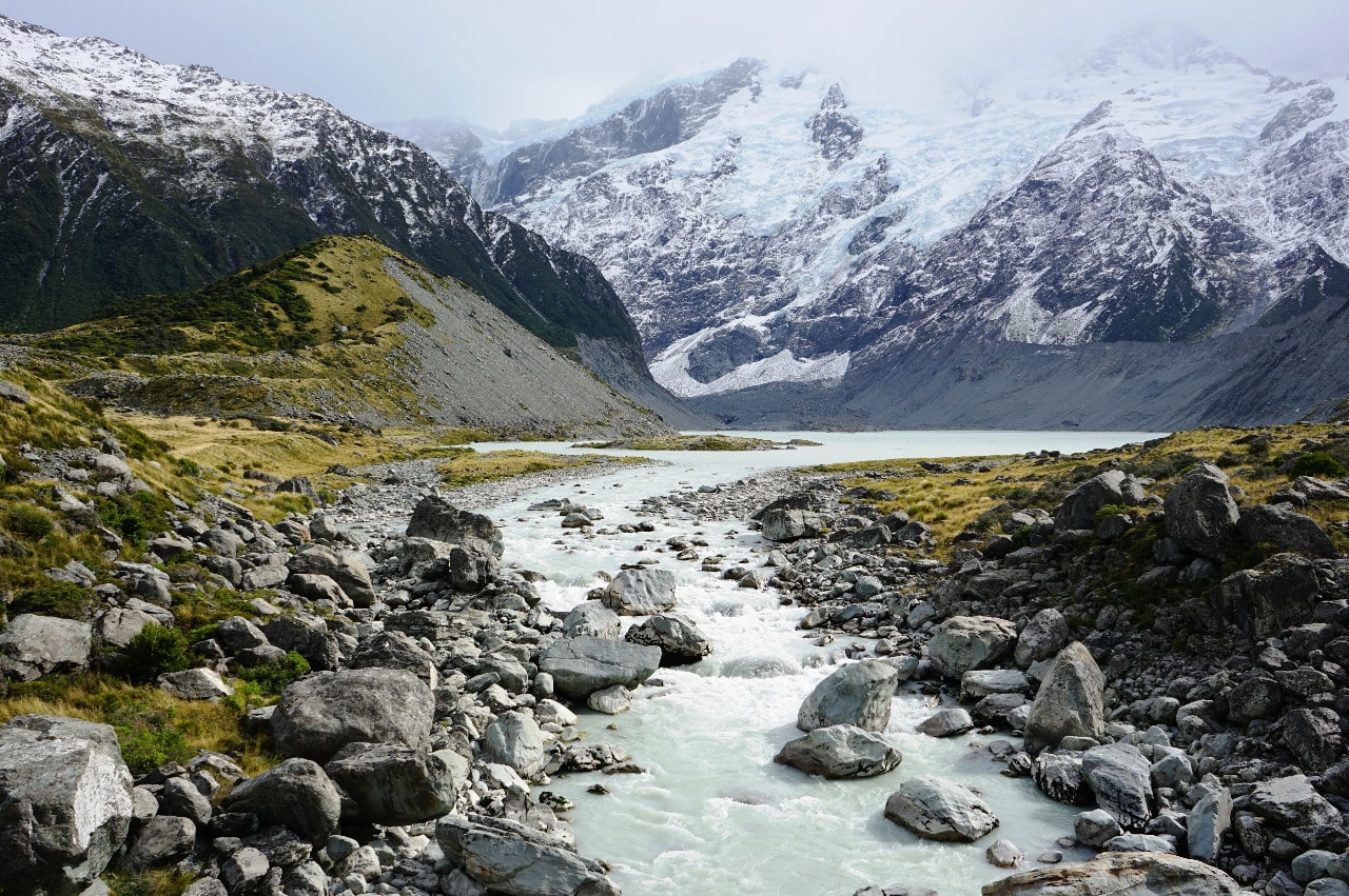A landscape view of UNESCO location Te Wahipounamu National Park in New Zealand.