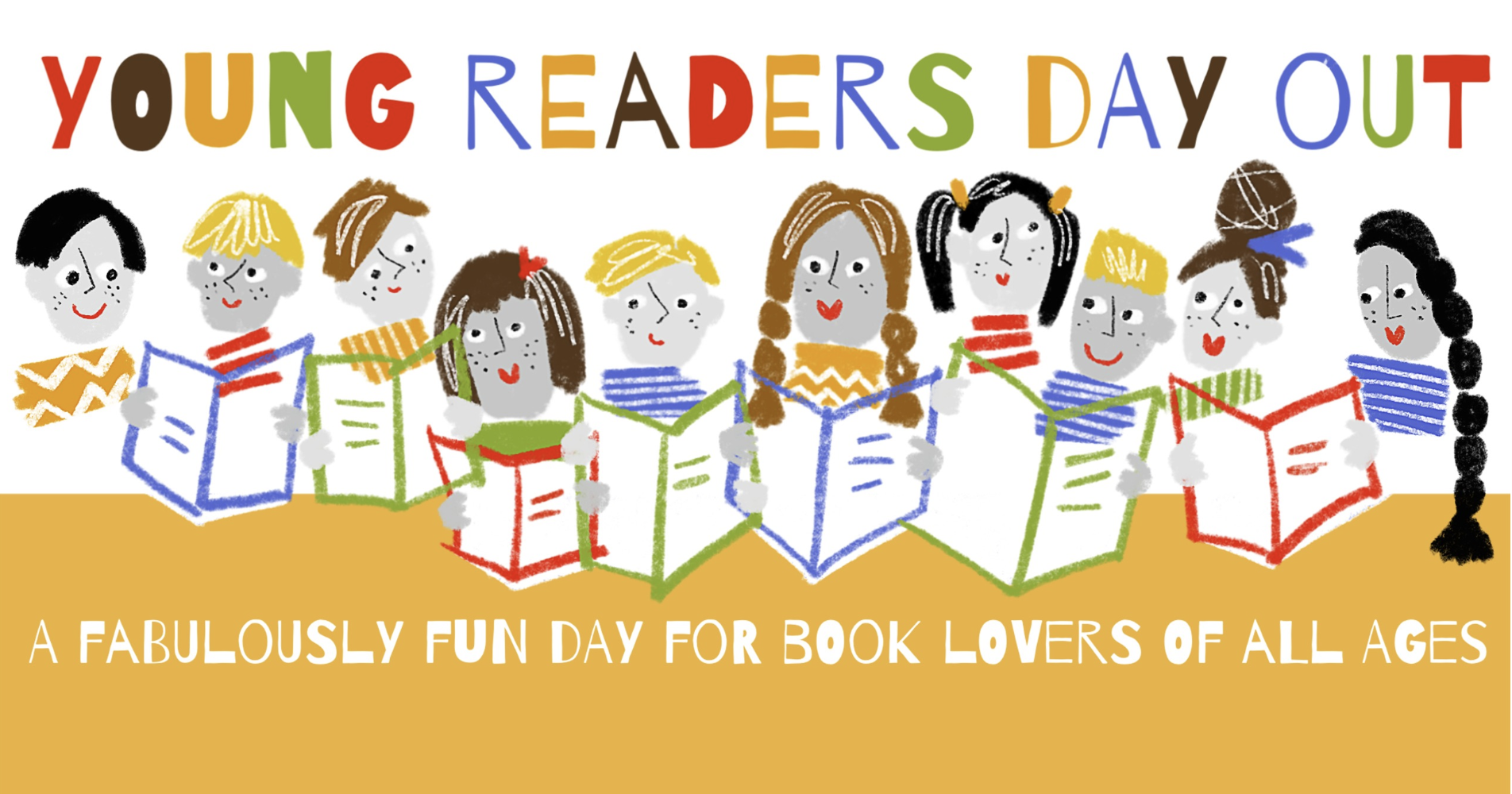 a flyer with the text Young Readers Day Out and an illustration showing a line of children reading books