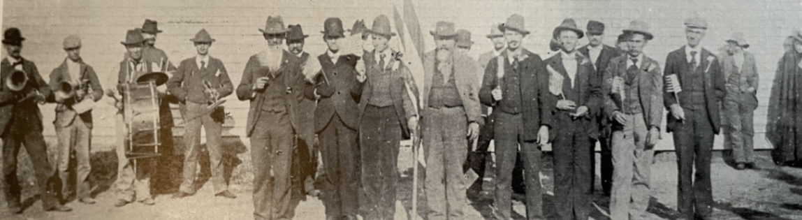 Enlistment send off of seven Battle Creek men in Company F of the First Nebraska Infantry Unit for the Spanish American War. Photo taken 1898. Battle Creek Band also pictured.