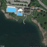 Small Alpsee, Immenstadt i.allgaeu; Free bathing establishment at the diving tower