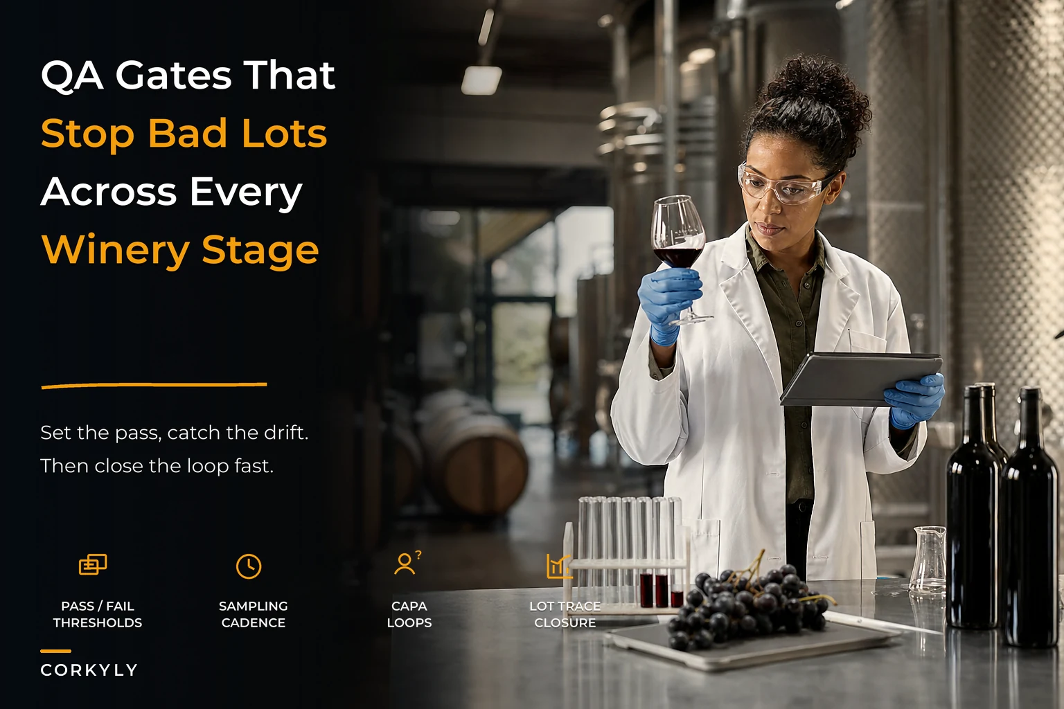 Build a continuous winery QA system: pass/fail gates, CAPA loops and traceable sampling