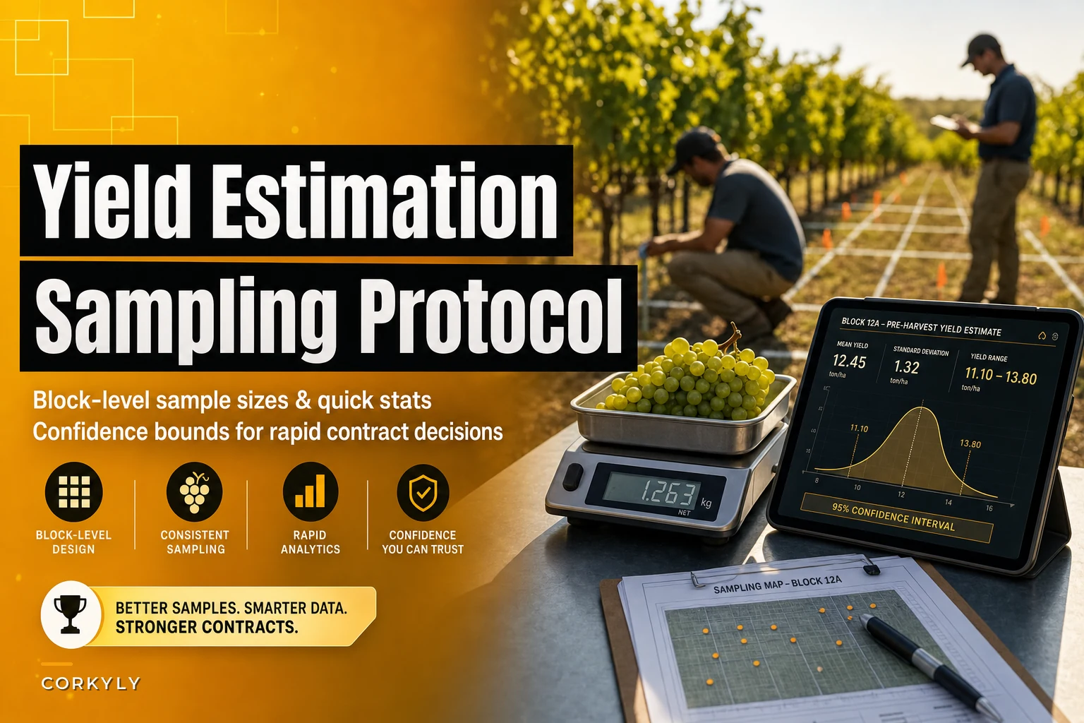 Pre-harvest yield estimation protocol: block sampling sizes, confidence bounds and rapid calculators for contract decisions
