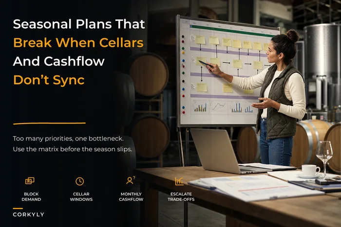 Seasonal operations playbook: synchronize block-level tasks, cellar capacity and monthly cashflow
