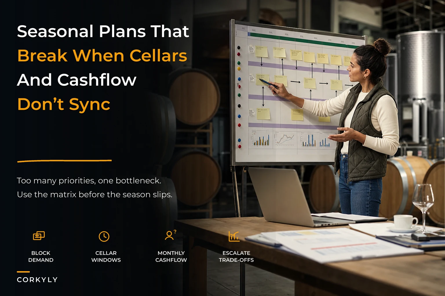 Seasonal operations playbook: synchronize block-level tasks, cellar capacity and monthly cashflow