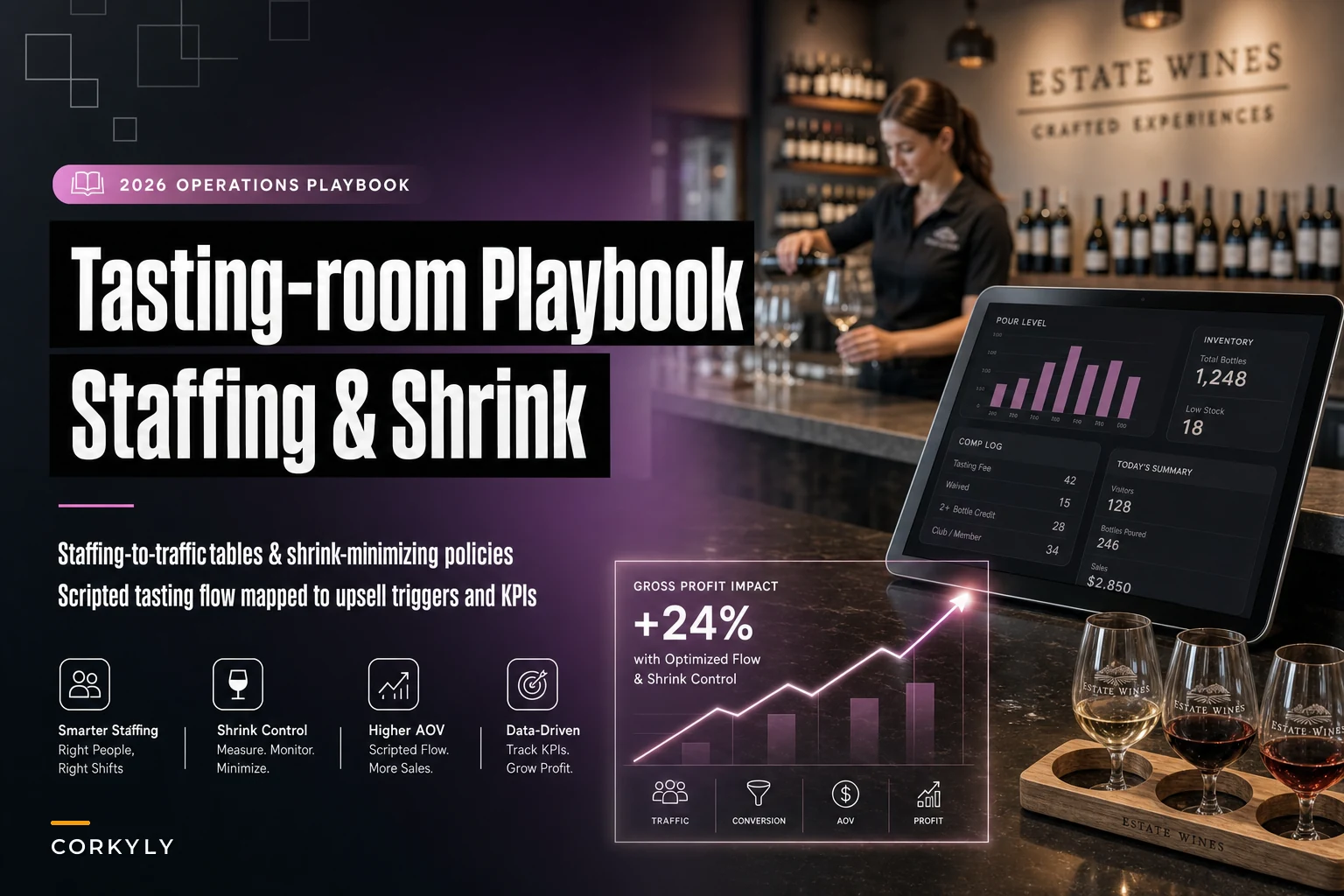 Tasting-room operations playbook: staffing-to-traffic tables, shrink-minimizing policies and a scripted tasting flow