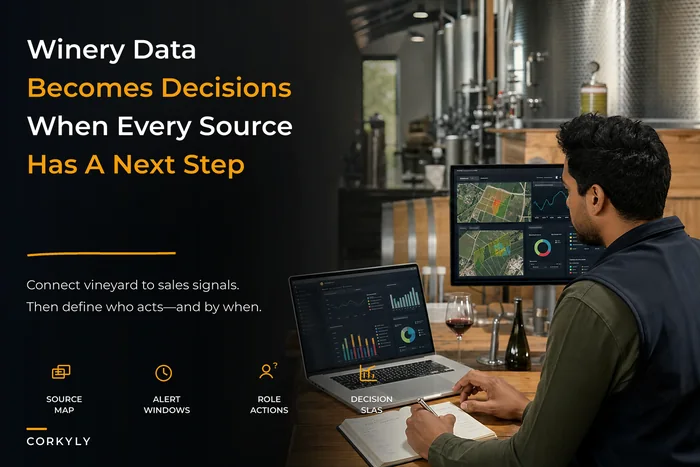 Winery analytics maturity roadmap: map vineyard, lab, cellar and sales sources to dashboards, alerts and decision SLAs