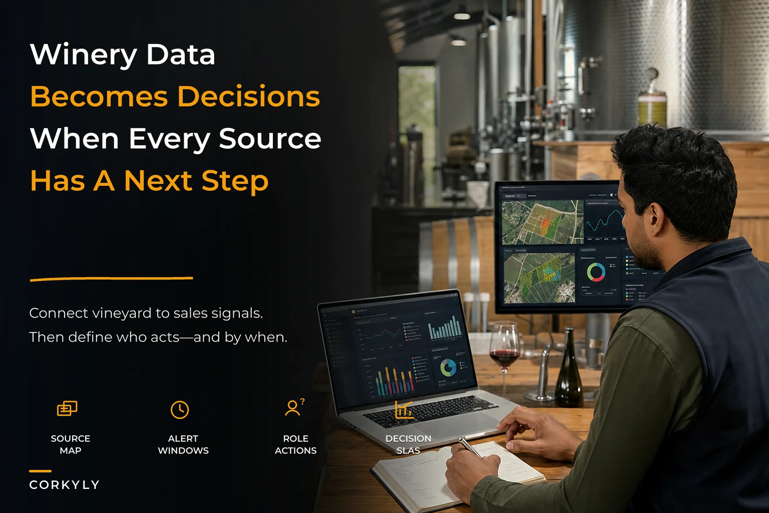 Winery analytics maturity roadmap: map vineyard, lab, cellar and sales sources to dashboards, alerts and decision SLAs