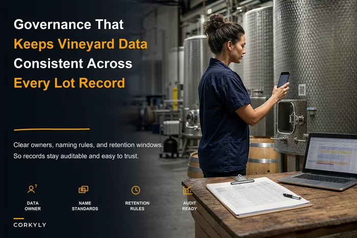Winery data governance: ownership, naming and retention rules that make vineyard and cellar records usable