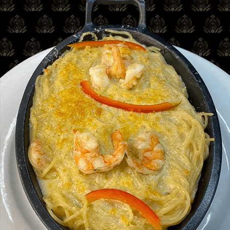 Vermicelli gratinado con camarones