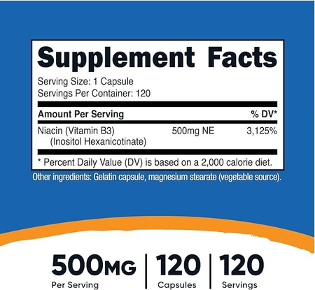 Vitamina B3 Niacina Flush Free 500 mg 120 cápsulas Nutricost