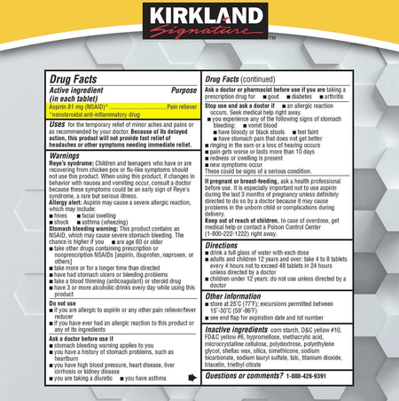 Aspirina 81 mg 365 tabletas Kirkland