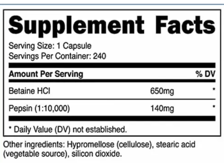 Betaina HCL + Pepsina 790 mg 240 cápsulas Nutricost