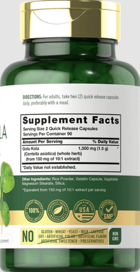 Centella Asiática (Gotu Kola) 1500 mg 180 cápsulas Carlyle