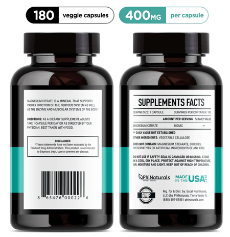 Citrato de Magnesio 400 mg 180 cápsulas Phinaturals