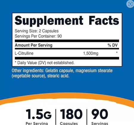 L Citrulina 1500 mg 180 cápsulas Nutricost