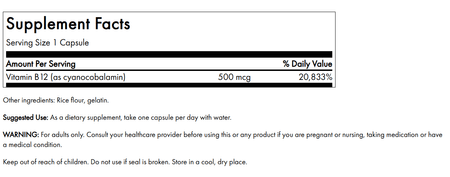 Vitamina B12 500 mcg 30 cápsulas Swanson