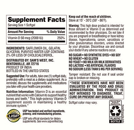 Vitamina D3 2000 IU 400 cápsulas blandas Member's Mark