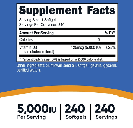 Vitamina D3 5000 IU 240 cápsulas blandas Nutricost