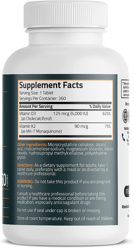 Vitamina D3 con K2 5000 IU 360 tabletas Bronson