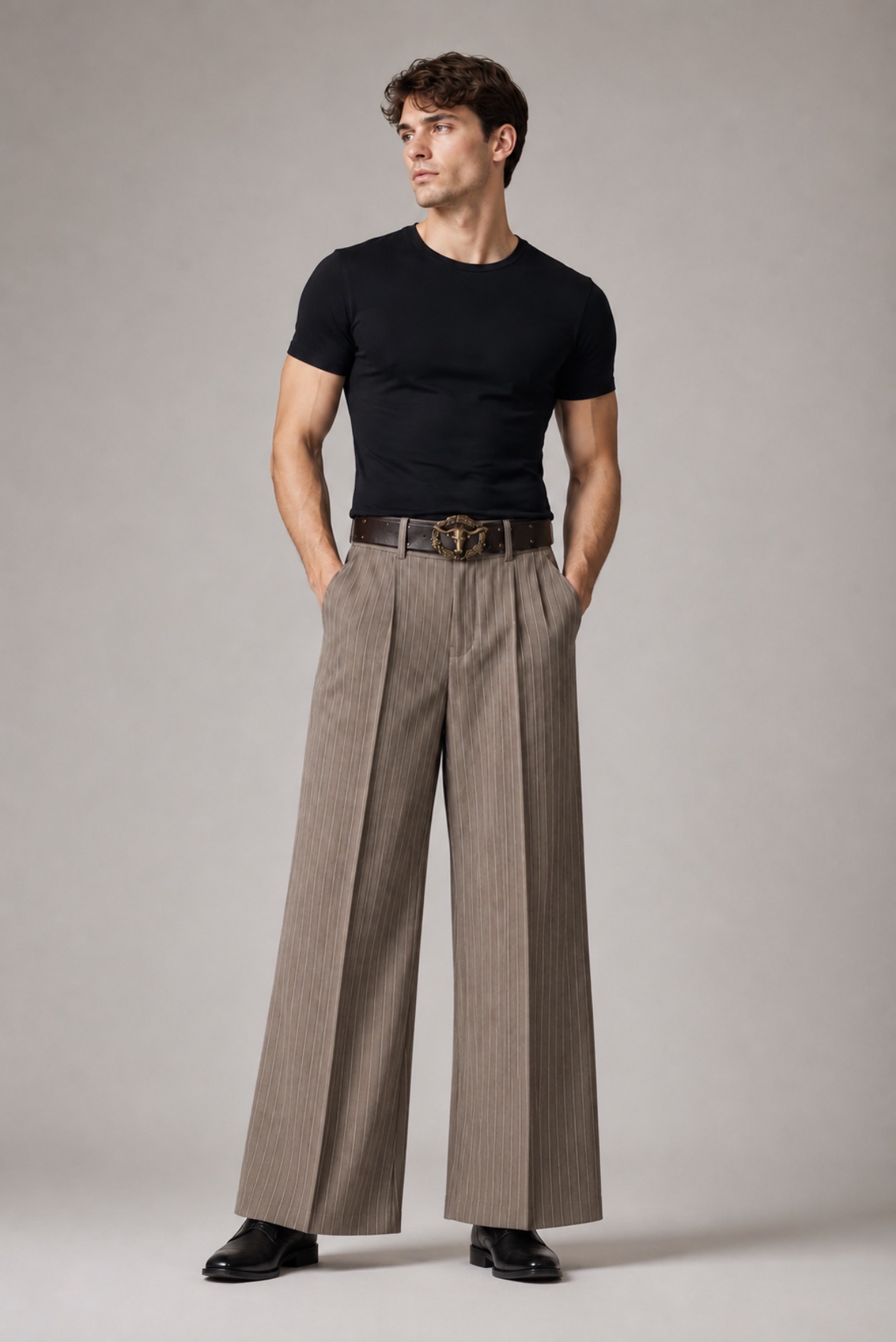 Stripe wide flare pant.