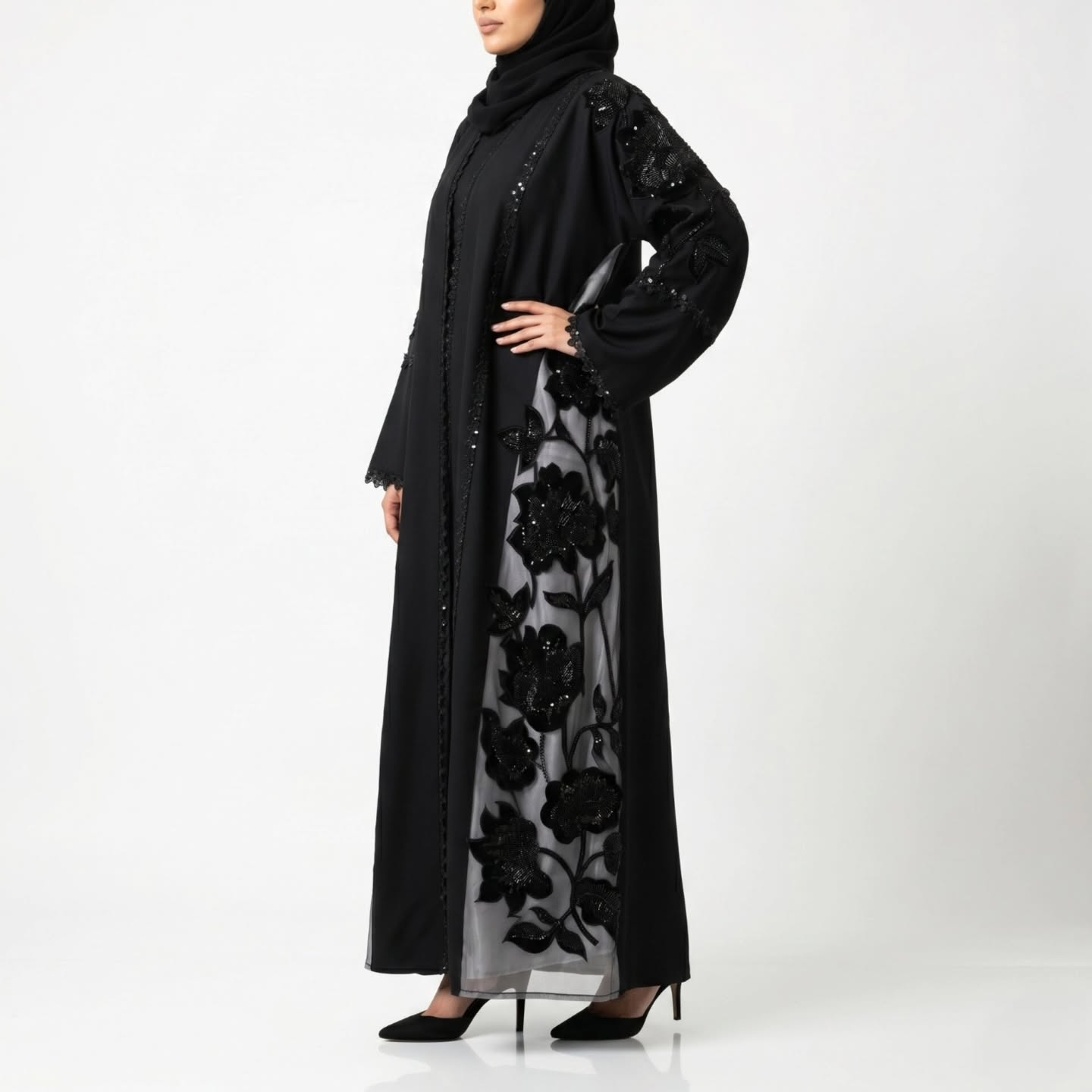 Black Floral Sequin Abaya