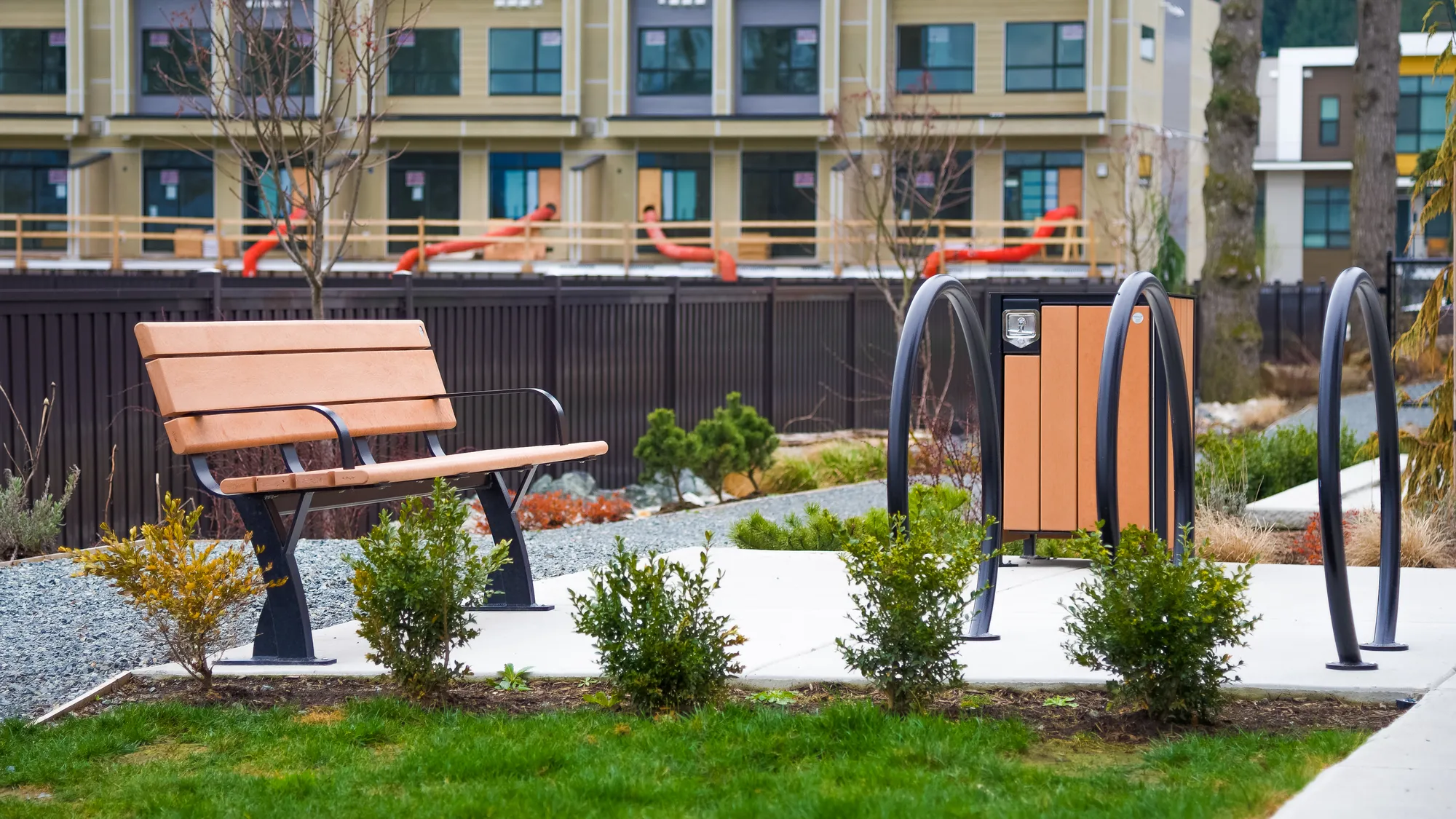 Wishbone Parker Bench, Loop Bike Rack and Modena Square Top Wast