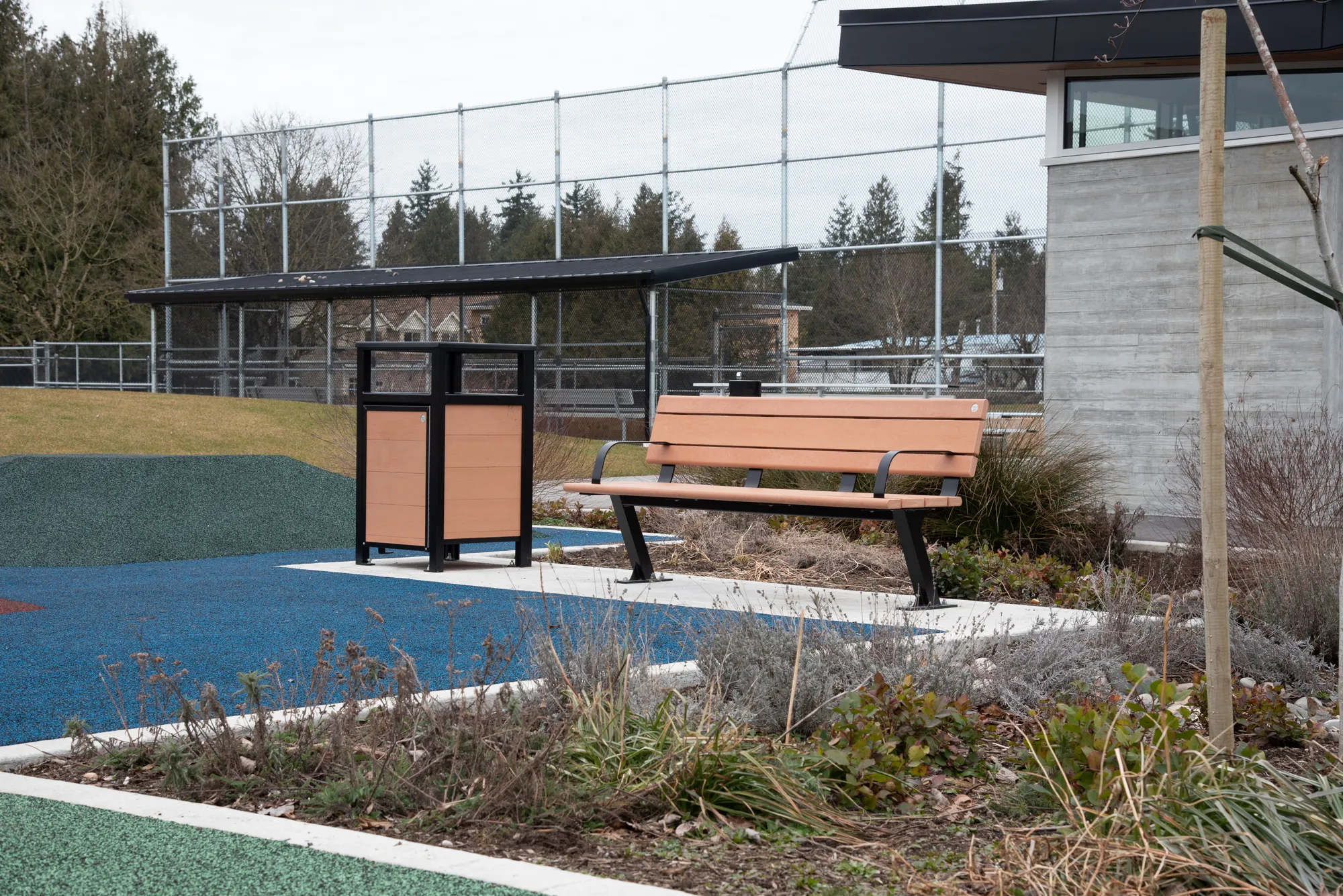 Wishbone Bayview Bench and Urban Form Easy Access Waste Receptac