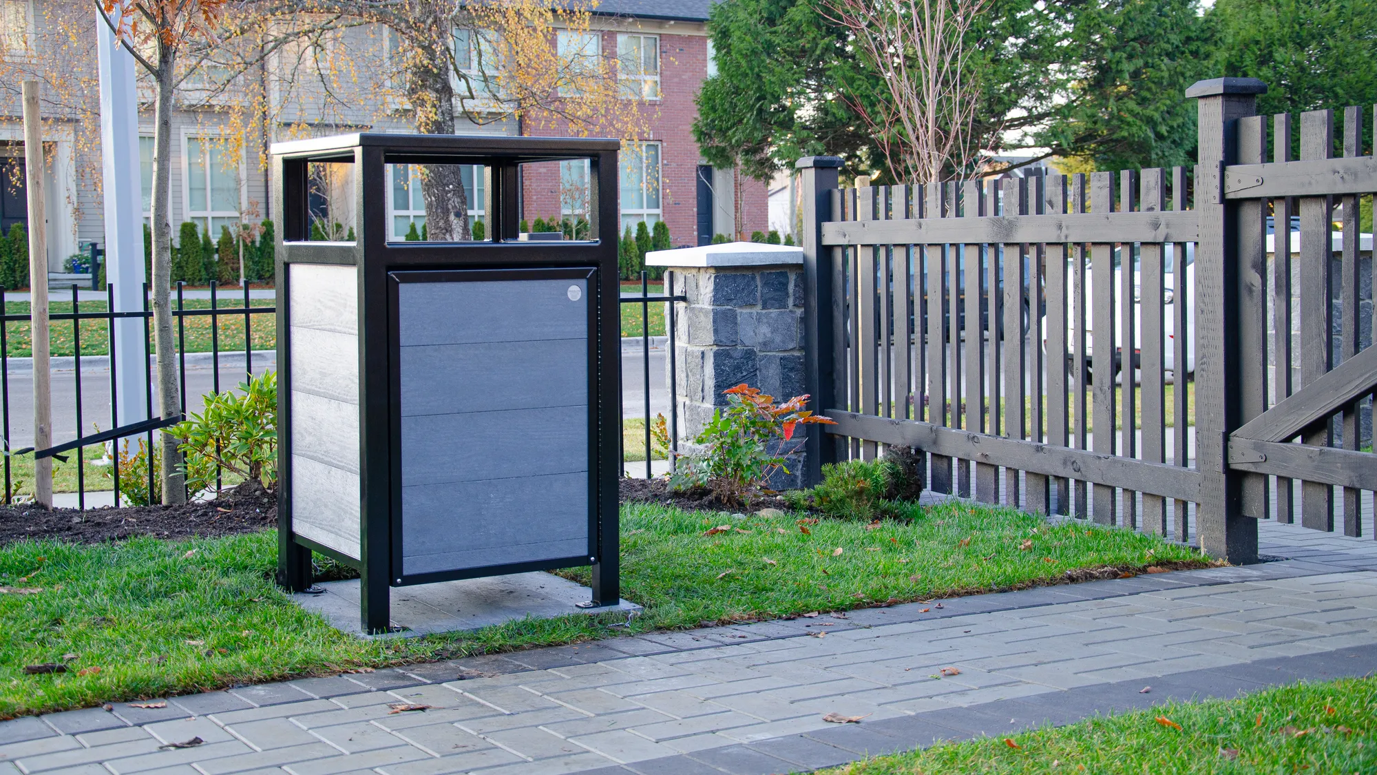 Wishbone Easy Access Urban Form Waste Receptacle Mounted to Perm