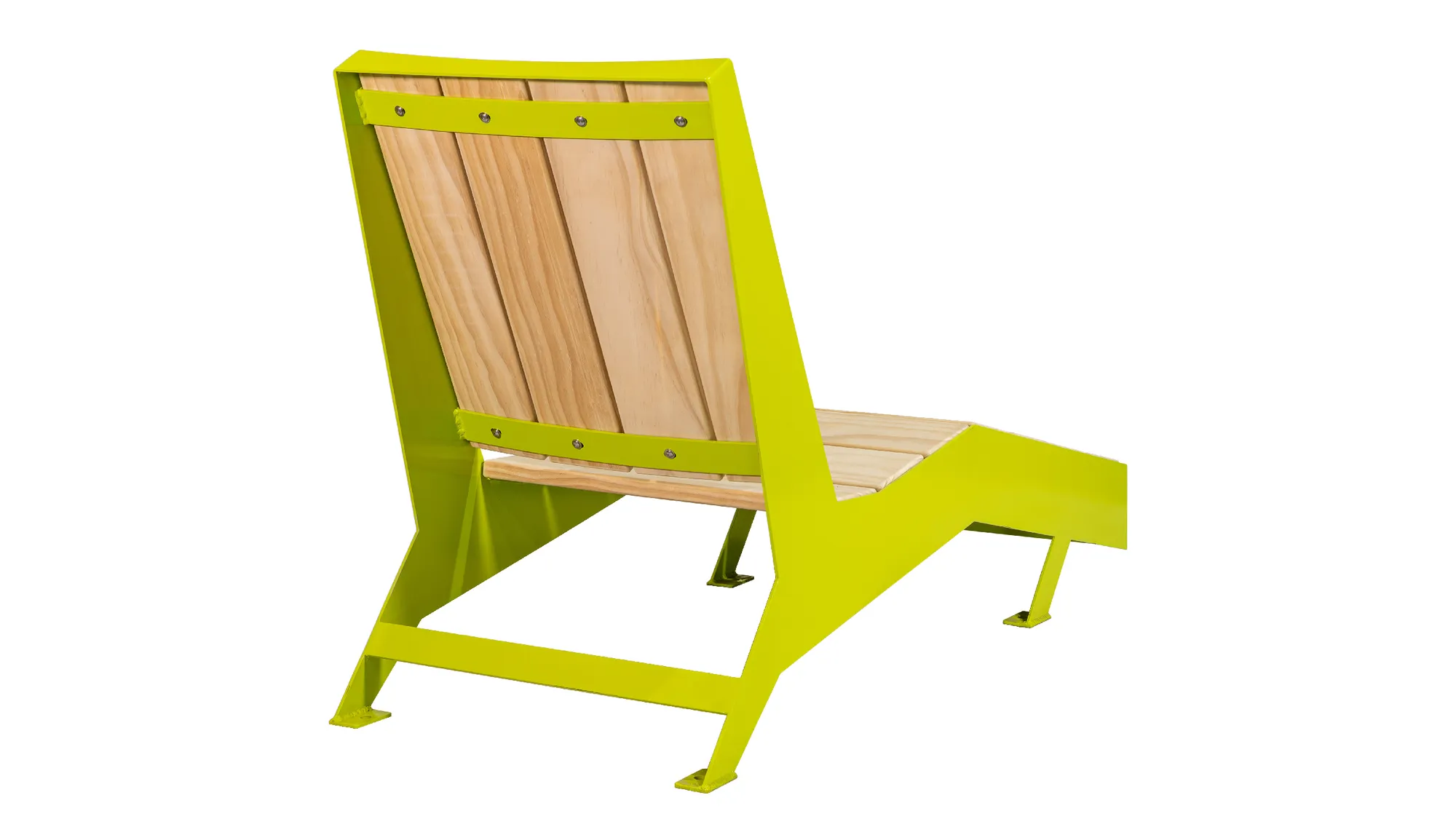 The JEM Chaise Lounge Chair features a sleek, modern design with a vibrant yellow-green powder-coated frame and natural Accoya wood slats. This stylish and comfortable lounger is perfect for relaxing outdoors.