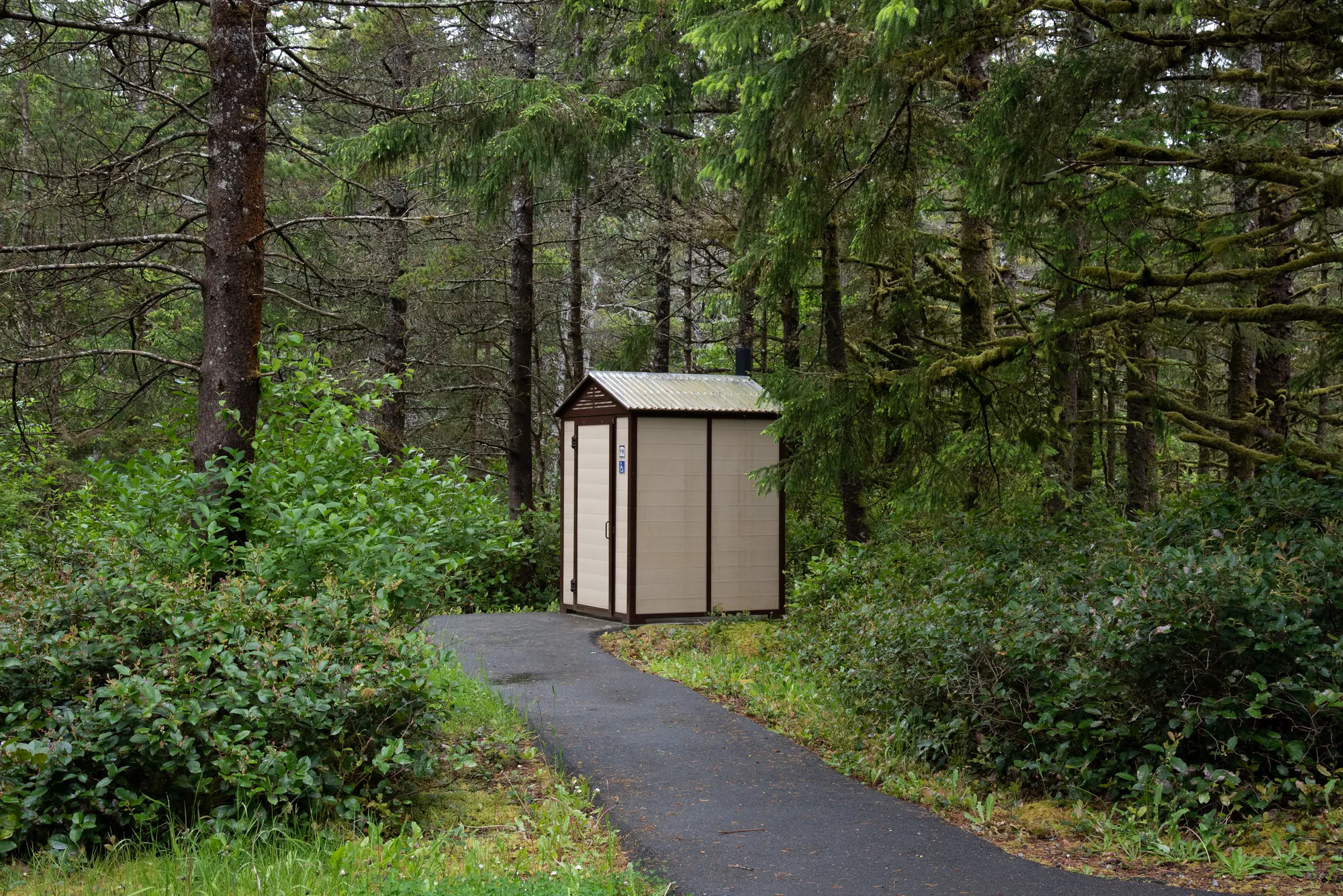 A John Jumbo Outhouse Building stands along a paved path in Naikoon Provincial Park, Haida Gwaii, British Columbia. The outhouse features a light tan exterior with dark brown trim and a metal roof.
