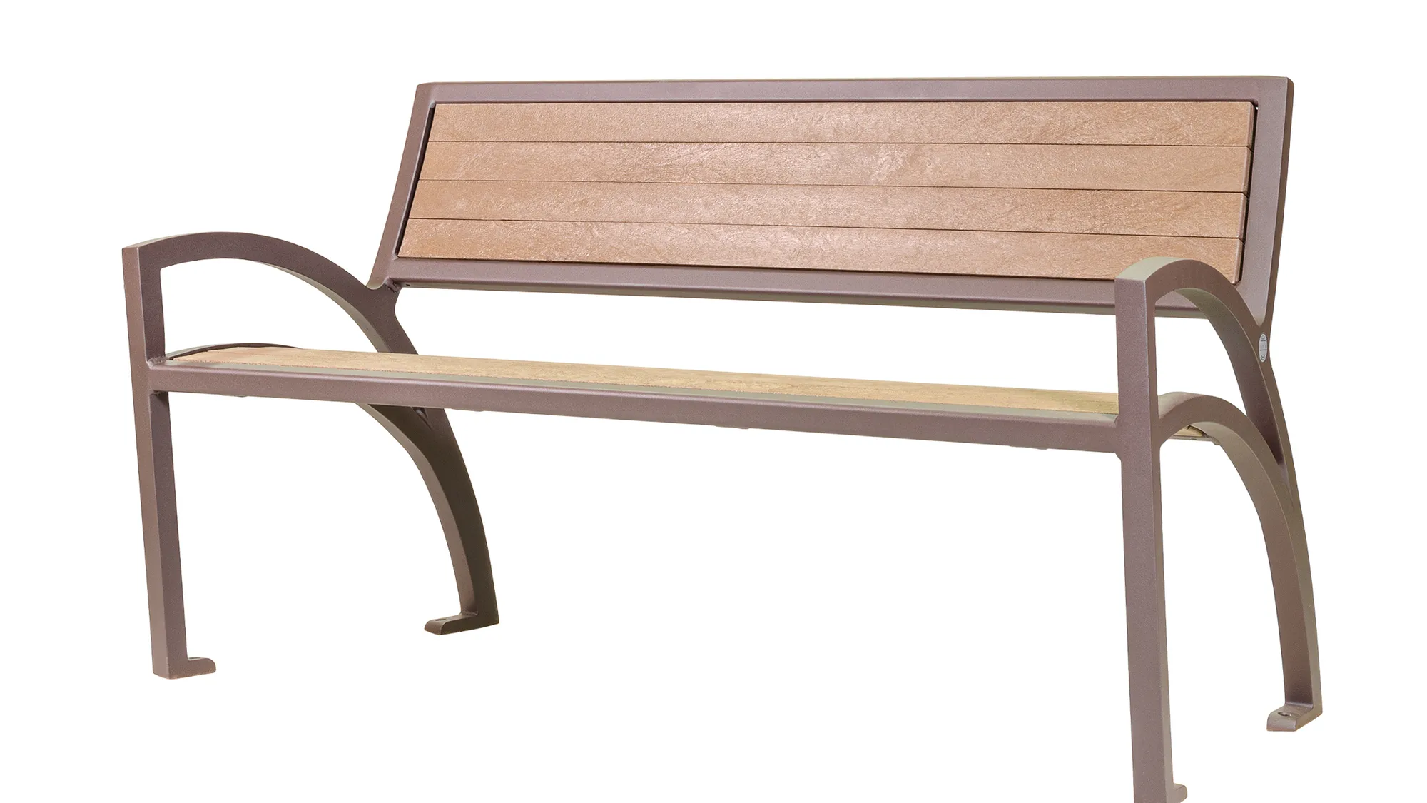 The Modena bench features recycled plastic lumber slats and a powder-coated metal frame. This bench provides comfortable seating for public spaces.