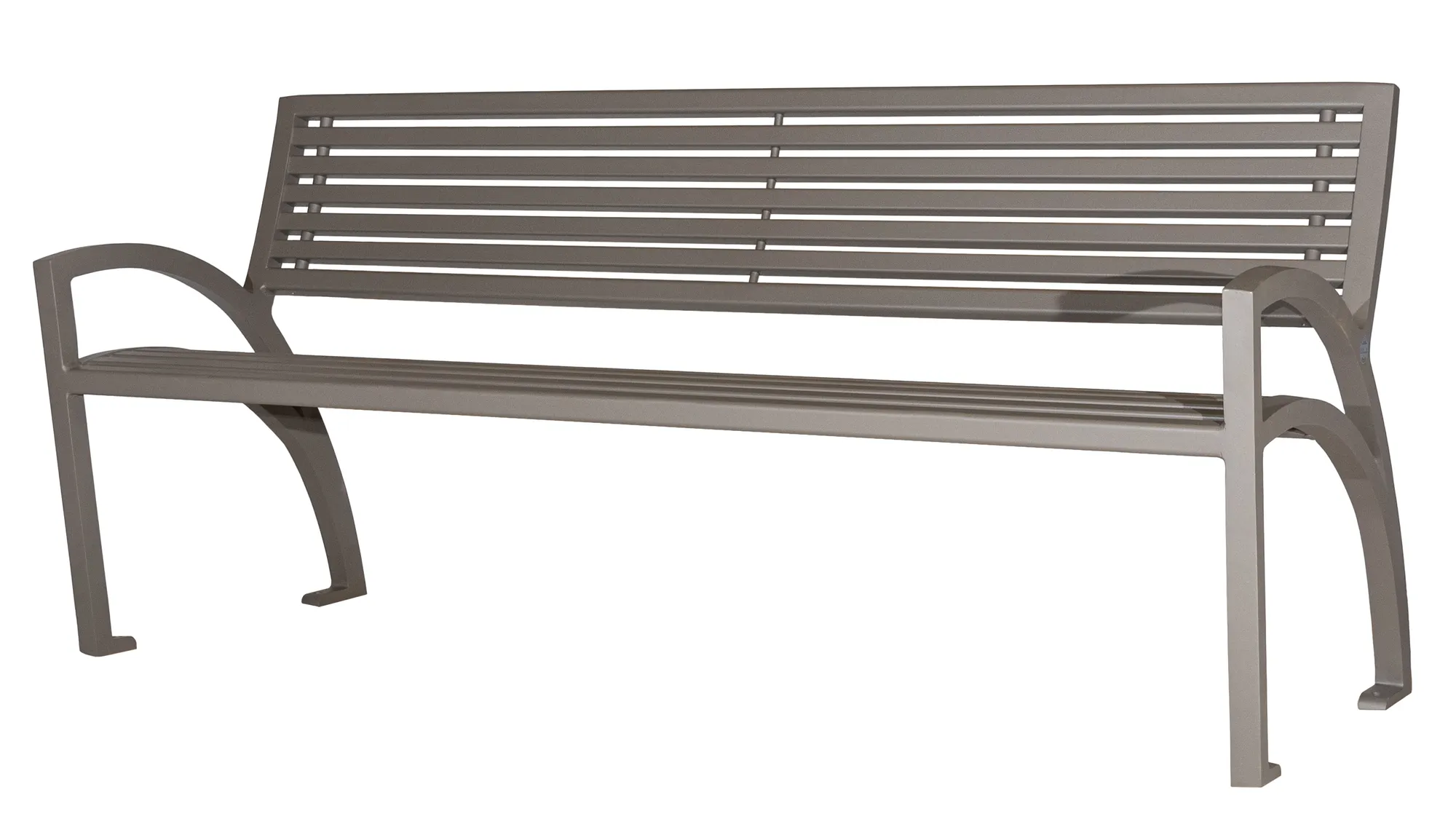 The Modena bench features a sleek, modern design with all-aluminum construction. This bench provides comfortable seating for public spaces.