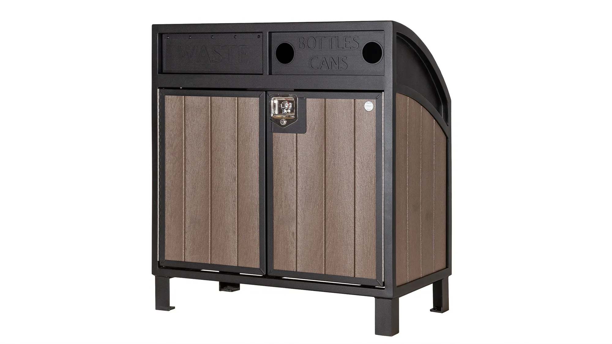 A dual-compartment recycling station for waste and bottles/cans. It features a durable frame, recycled plastic lumber panels, and separate openings for different waste streams.