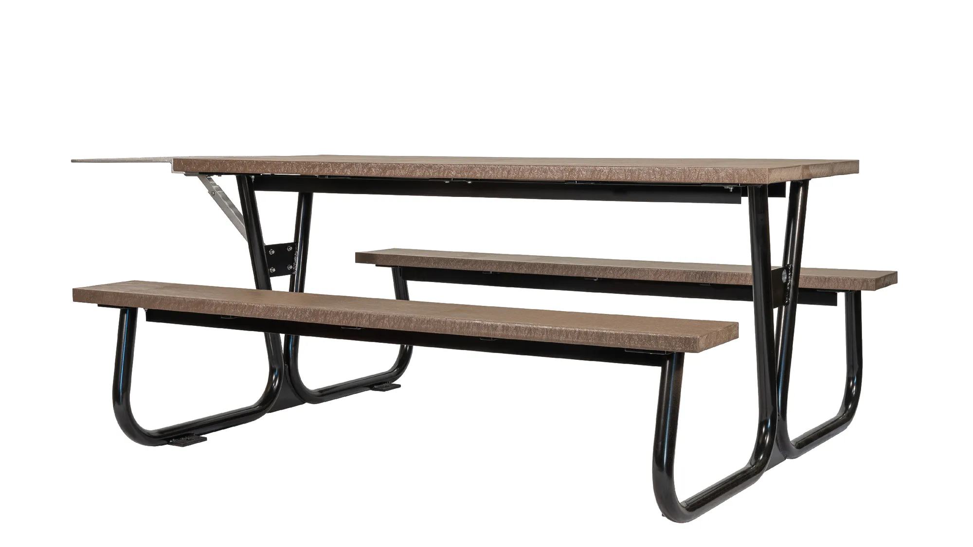 Pipeline picnic table with a black powder-coated frame and recycled plastic lumber top and seats. This accessible table is perfect for outdoor dining and gathering.