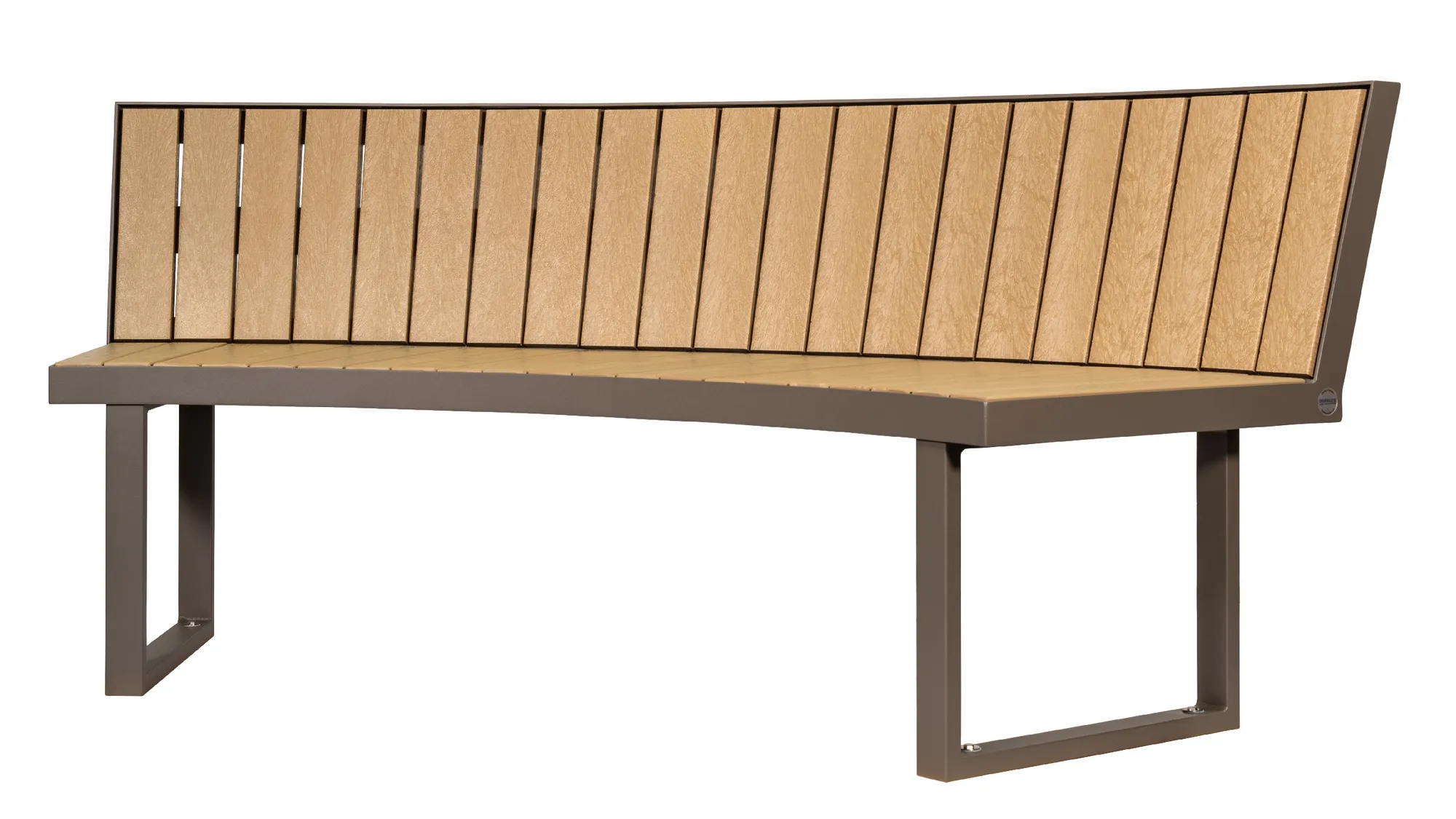Curved park bench with a full backrest provides comfortable seating in outdoor spaces. The recycled plastic lumber slats and powder-coated metal frame offer durability and style.
